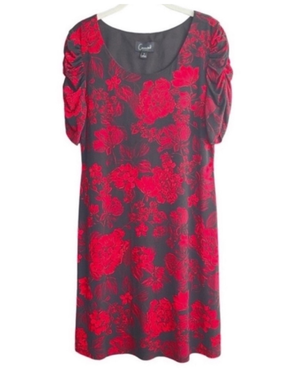 Connected Apparel Short Sleeve Floral Dress Scoop Neck Shift Red Black Size 6